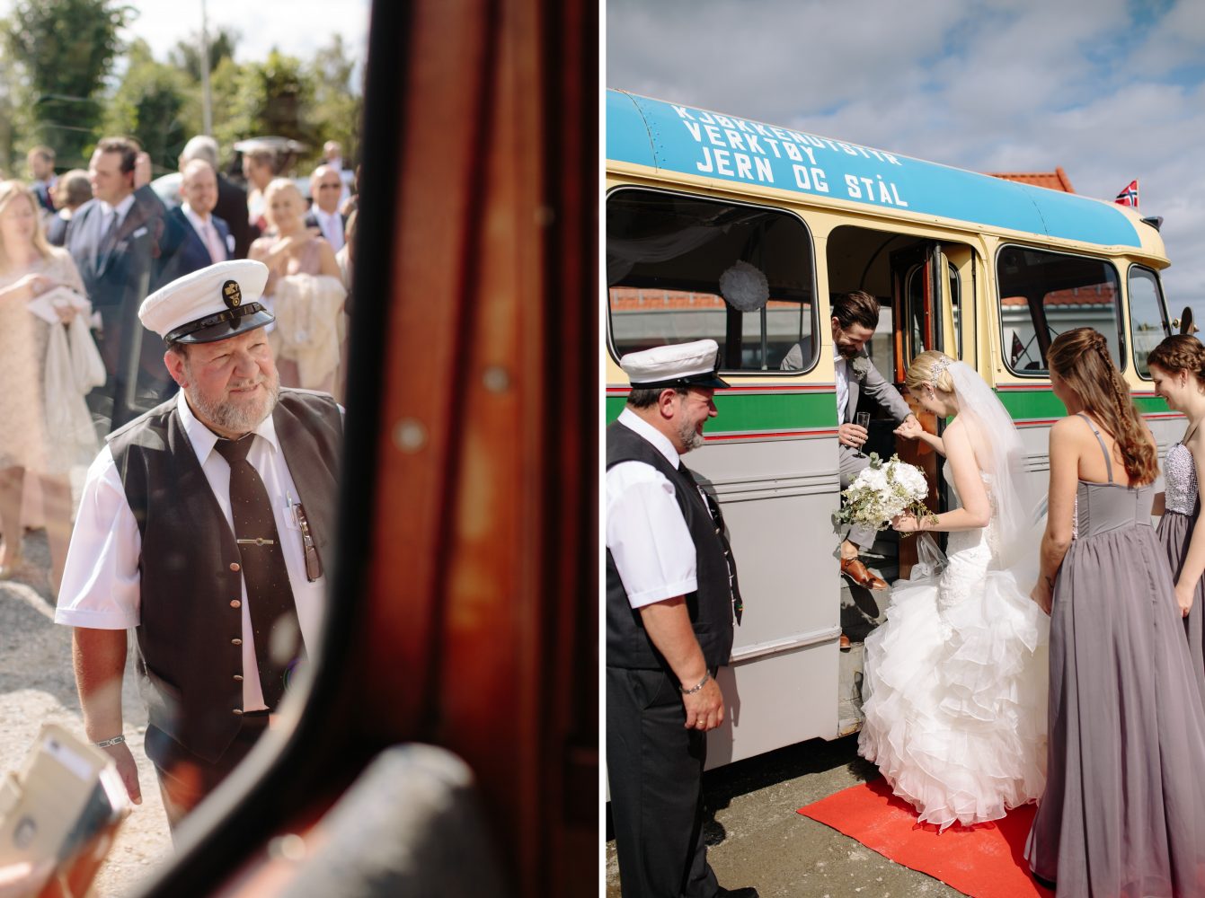 Bryllup i Asak kirke, brudefølge på vei til fotograferingen i vintage buss, Bryllup i Moss, Norge