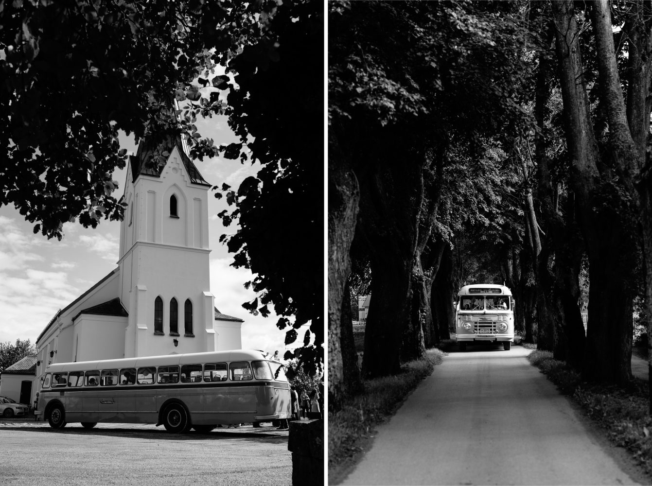 brudefølge på vei til fotograferingen i vintage buss, Bryllup i Moss, Norge